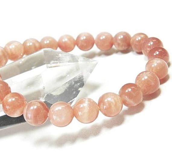 Bridesmaid Jewelry 10mm Pink Sunstone Stretchable Bracelet Round, Smooth 18cm for mens, womens, gf, bf and adults.