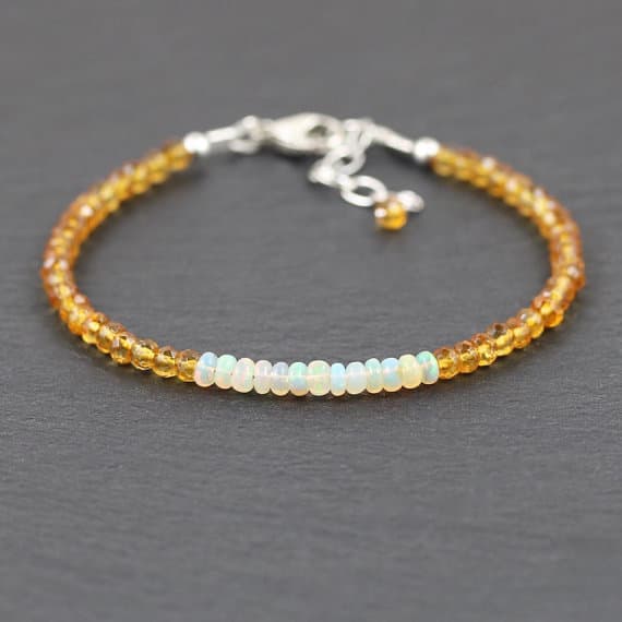 925 sterling Silver Dainty Slave Loose 3.5-4mm stacking Multi Ethiopian Welo Opal & Citrine Bracelet Rondelle, Faceted & Smooth 7" for mens, womens, gf, bf & Adult.