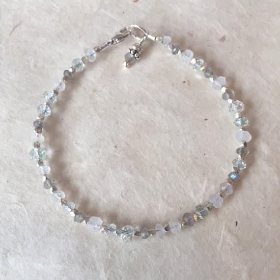 Aquamarine Labradorite Moonstone Karen Hill Tribe Thai Silver Beaded Bracelet, Sundance Style 3-5mm Code- WAR6399