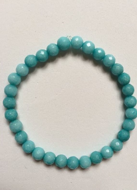 Bridesmaid Jewelry 6mm Blue aquamarine Stretchable Bracelet Round, Faceted 18cm for mens, womens, gf, bf and adults.