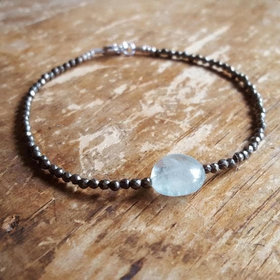925 sterling silver Anxiety Gemstone 12mm Blue Aquamarine stacking Bracelet Oval, Smooth 18cm for mens, womens, gf, bf and adults.