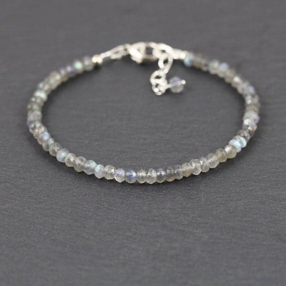 925 sterling Silver chakras simple 3mm stacking Gray Labradorite Bracelet Rondelle, Faceted 7" for mens, womens, gf, bf & Adult.