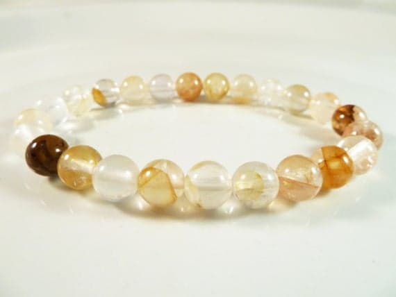 Dainty Slave Loose 8mm Stretchable Yellow Yellow Hematoid Quartz Crystal Bracelet Round, Smooth 7" for mens, womens, gf, bf & Adult.