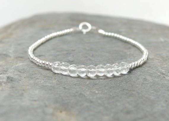925 sterling silver Artisan Loose 3mm White Crystal quartz  stacking Bracelet Rondelle, Faceted 18cm for mens, womens, gf, bf and adults.