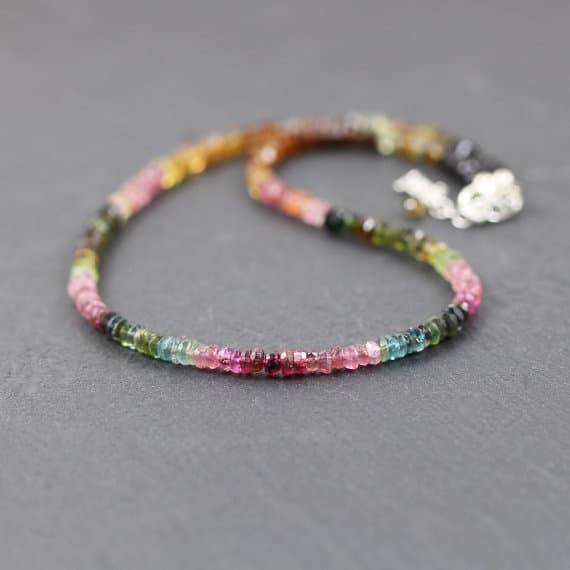 925 sterling Silver good luck gift 3.5mm stacking Multi Multi Tourmaline  Necklace Rondelle, Faceted 16" for mens, womens, gf, bf & Adult.