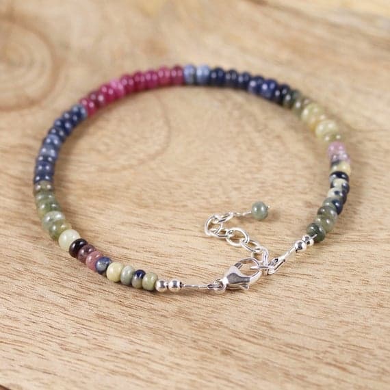 925 sterling Silver Artisan Loose Silver Helling 3.5-4mm stacking Multi Multi Color Sapphire Bracelet Rondelle, Smooth 7" for mens, womens, gf, bf & Adult.