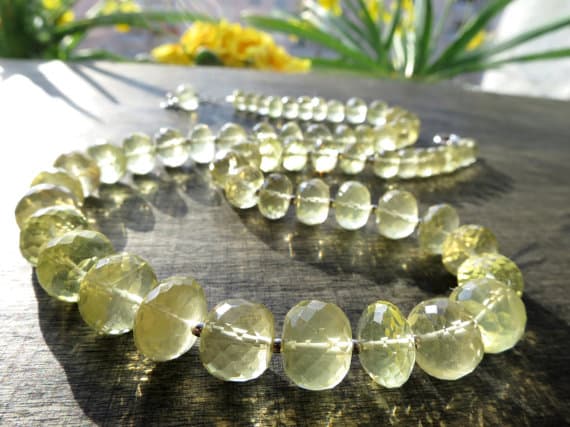 925 sterling Silver Anniversary Gift Silver Helling 8-11mm stacking Yellow Citrine Necklace Round, Faceted 17" for mens, womens.