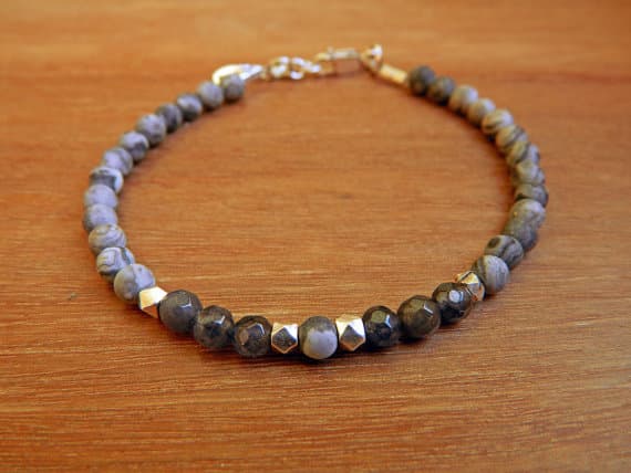 925 Steling Silver Bridesmaid Jewelry 4 mm Stracking grey Grey agate Bracelet Round, Smooth & Faceted 7" for mens, womens, GF, BF, Adults.