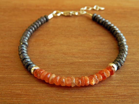 925 Steling Silver chakras simple 4 mm Adjustable Stracking Orange & Black Sunstone & Hematite  Bracelet Rondelle, Faceted 7" for mens, womens, GF, BF, Adults.