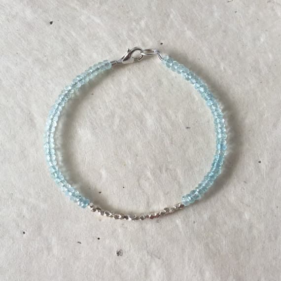 Aquamarine Karen Hill Tribe Thai Silver Beaded Bracelet, Sundance Style, Boho Bracelet, Stacking Bracelet, March Birthstone 3 mm Code- WAR6463