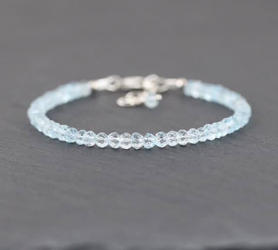 925 sterling Silver Anxiety Gemstone 4mm stacking Blue Sky Blue Topaz Bracelet Rondelle, Faceted 7" for mens, womens, gf, bf & Adult.