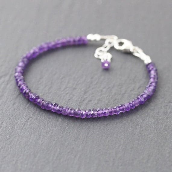925 sterling Silver Artisan Loose 3.5mm stacking Purple Amethyst Bracelet Rondelle, Faceted 7" for mens, womens, gf, bf & Adult.