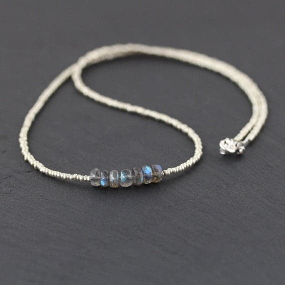 925 sterling Silver good luck gift Silver Helling 6MM stacking Gray Labradorite Necklace Rondelle, Faceted 16" for mens, womens, gf, bf & Adult.