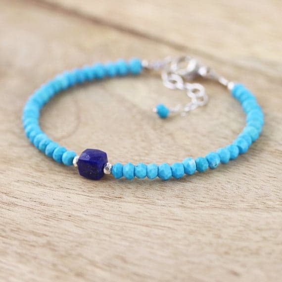 925 sterling Silver Blush Jewelry 4-7mm stacking Blue Lapis Lazuli & Turquoise Bracelet Box & Rondelle, Faceted 7" for mens, womens, gf, bf & Adult.