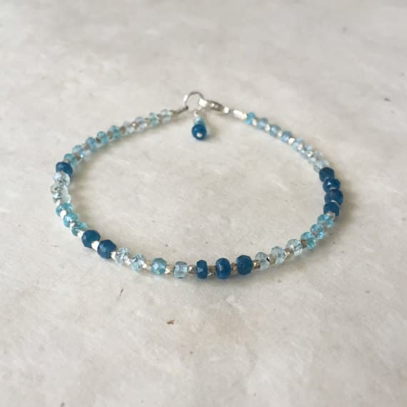 Caribbean Blue Apatite Aquamarine Blue Quartz Karen Hill Tribe Thai Silver Beaded Bracelet, Sundance Style, Boho Bracelet 3-4mm Code- WAR6437