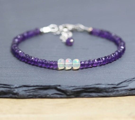 925 sterling Silver Wholesale 3.5mm stacking Purple Ethiopian Welo Opal & Amethyst Bracelet Rondelle, Faceted & Smooth 7" for mens, womens, gf, bf & Adult.