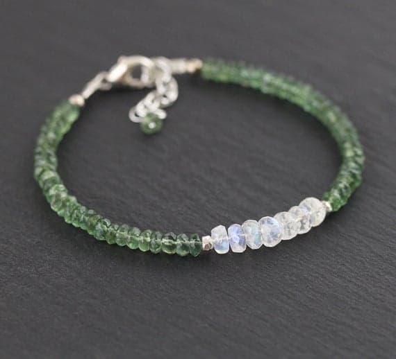 925 sterling Silver Galaxy Jewelry Silver Helling 5.5mm stacking Multi Rainbow Moonstone & Green Apatite  Bracelet Rondelle, Faceted 7" for mens, womens, gf, bf & Adult.