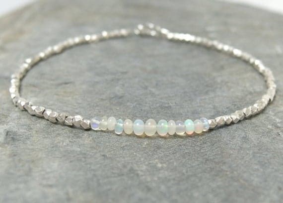 925 sterling silver Rock Gift 2-3mm White Opal stacking Bracelet Rondelle, Smooth 18cm for mens, womens, gf, bf and adults.