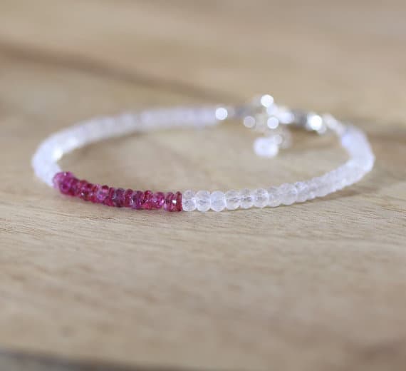 925 sterling Silver Personalized Gift 3.5mm stacking Multi Pink Tourmaline & Rainbow Moonstone Bracelet Rondelle, Faceted 7" for mens, womens, gf, bf & Adult.