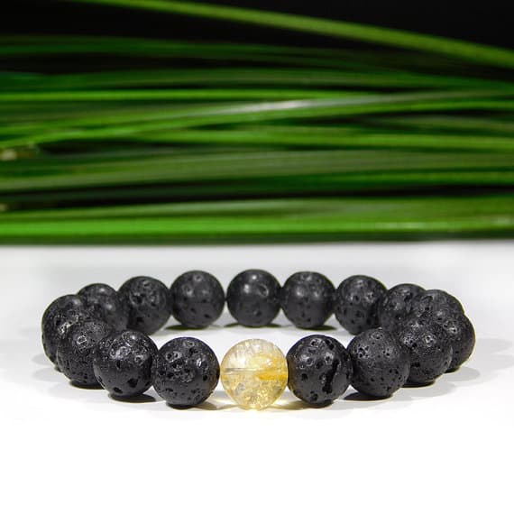 Natural 10mm Stretchable Black & Yellow Citrine and Lava  Bracelet Round, Smooth 7.5" for mens, womens, gf, bf & Adult.