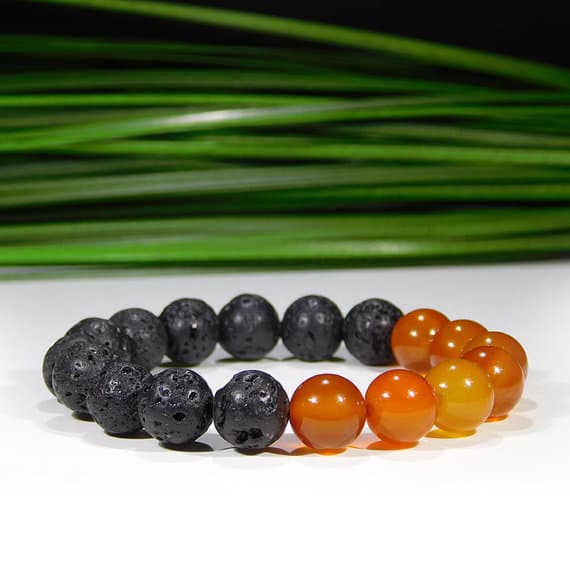 Unique Wedding Gift 10mm Stretchable Black & Orange Carnelian and Lava Rock Bracelet Round, Smooth 7.5" for mens, womens, gf, bf & Adult.