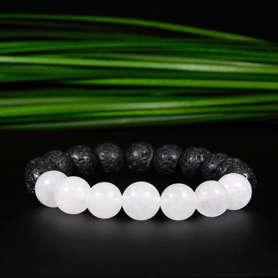 love beach youth 10mm Stretchable Black & White artz and Lava Rock Bracelet Round, Smooth 7.5" for mens, womens, gf, bf & Adult.
