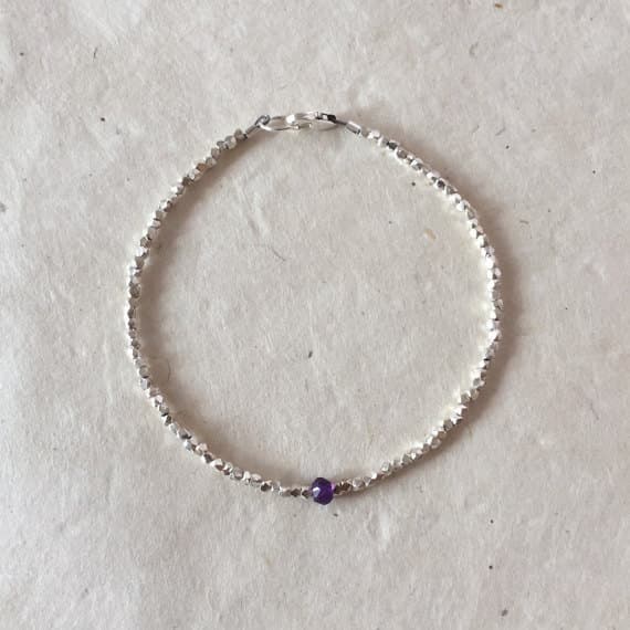 Amethyst Karen Hill Tribe Thai Silver Beaded Bracelet, Sundance Style, Boho Stacking Bracelet 4mm Code- WAR6458
