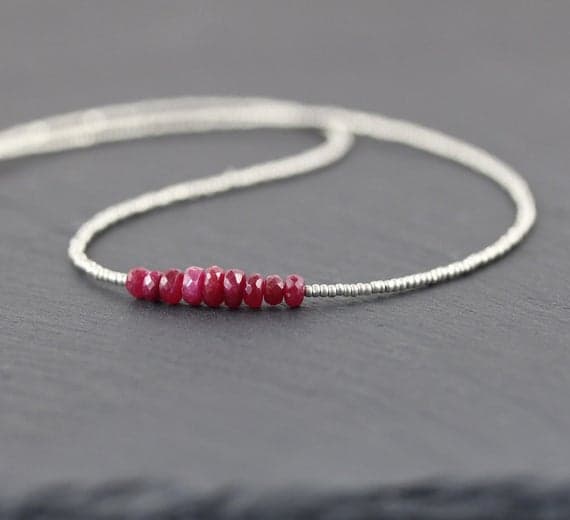 925 sterling Silver Handmade Beaded 3-4.5mm stacking Red Ruby & Czech Charlotte Seed  Necklace Rondelle, Faceted 16" for mens, womens, gf, bf & Adult.