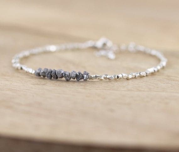 925 sterling Silver Positive Energy 3-4mm stacking Gray Rough Diamond Bracelet Fancy, Faceted 7" for mens, womens, gf, bf & Adult.