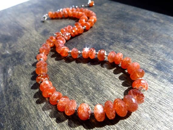 925 sterling Silver Anniversary Gift Silver Helling 7.5-9mm stacking Orange African Sunstone Necklace Rondelle, Smooth 17" for mens, womens.
