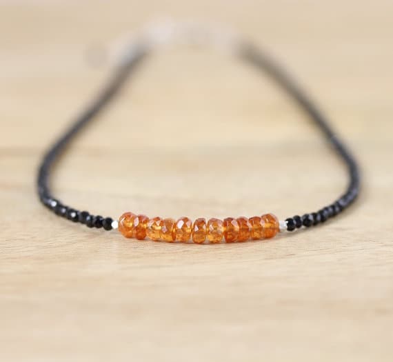 925 sterling Silver Galaxy Jewelry Silver Helling 3.5mm stacking Black & Orange Mandarin Orange Garnet & Black Spinel Necklace Round & Rondelle, Faceted 16" for mens, womens, gf, bf & Adult.