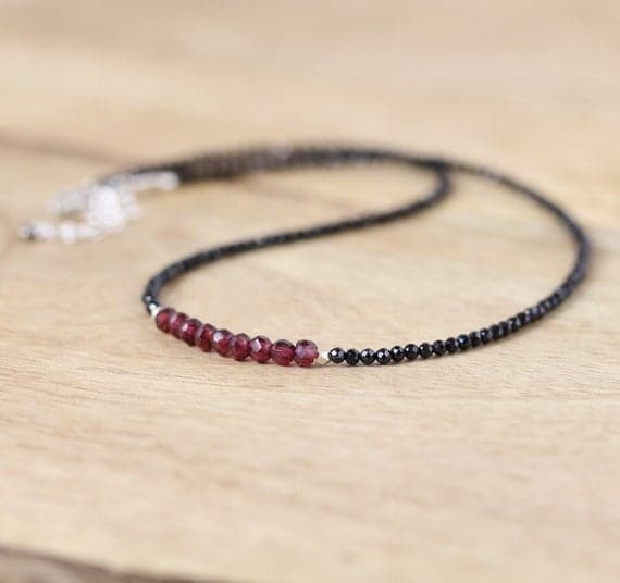 925 sterling Silver Positive Energy Silver helling 2-3.5mm stacking Black & Red Rhodolite Garnet & Black Spinel  Necklace Round, Faceted 16" for mens, womens, gf, bf & Adult.