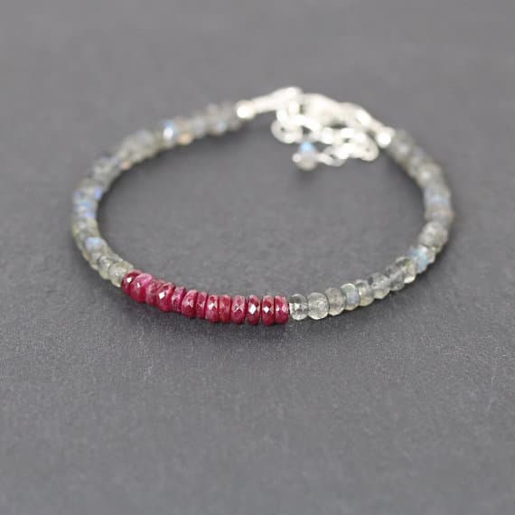 925 sterling Silver good luck gift 3-3.5mm stacking Red & Gray Ruby & Labradorite  Bracelet Rondelle, Faceted 7" for mens, womens, gf, bf & Adult.
