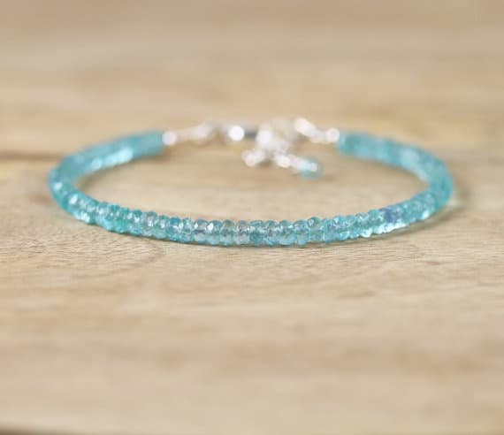 925 sterling Silver Positive Energy 3.5mm stacking Aqua  Apatite Bracelet Rondelle, Faceted 7" for mens, womens, gf, bf & Adult.