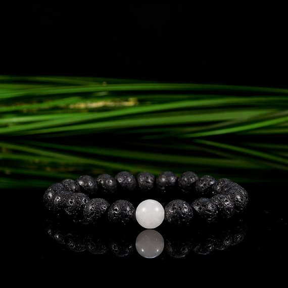 chakras simple 8mm Stretchable Black & White Quartz and Lava Rock Bracelet Round, Smooth 7" for mens, womens, gf, bf & Adult.