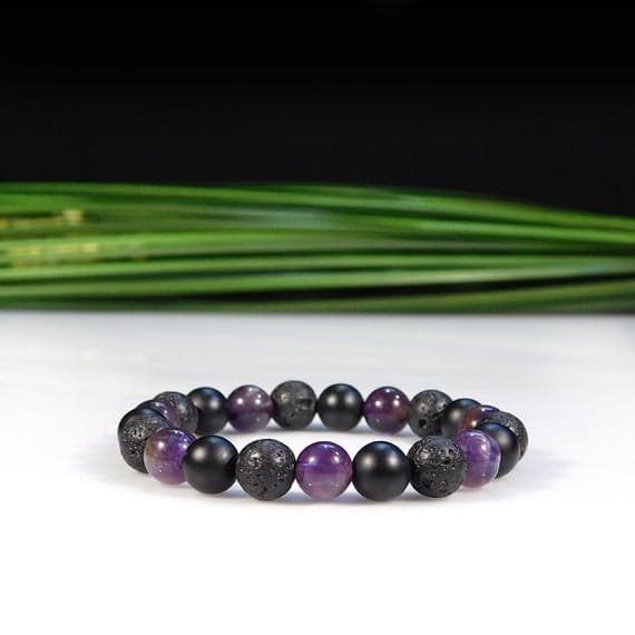 Rock Gift 8mm Stretchable Black & Purple Amethyst, Onyx and Lava  Bracelet Round, Smooth 7" for mens, womens, gf, bf & Adult.