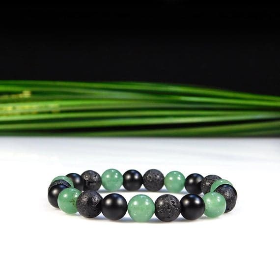 chakras simple 8mm Stretchable Black & Green Aventurine, Onyx, and Lava Rock  Bracelet Round, Smooth 7" for mens, womens, gf, bf & Adult.