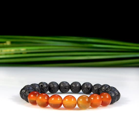 chakras simple 8mm Stretchable Black & Orange Carnelian and Lava Rock Bracelet Round, Smooth 7" for mens, womens, gf, bf & Adult.