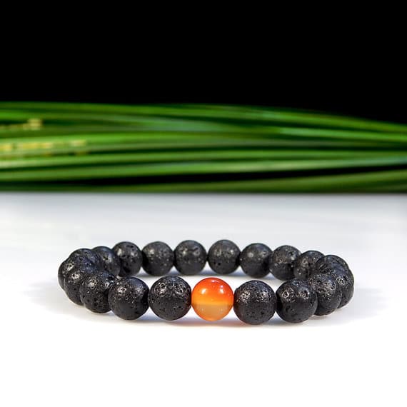 Anniversary Gift 8mm Stretchable Black & Orange Carnelian and Lava Rock  Bracelet Round, Smooth 7" for mens, womens, gf, bf & Adult.