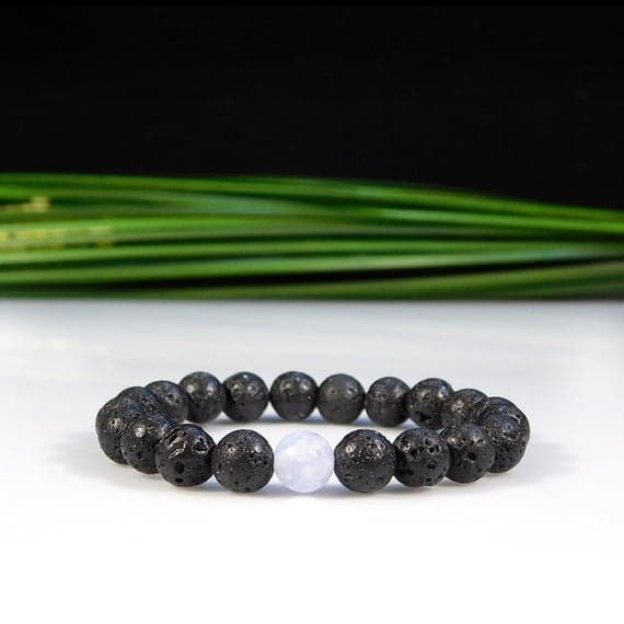 Natural 8mm Stretchable Blue & Black Blue Lace Agate and Lava Rock  Bracelet Round, Smooth 7" for mens, womens, gf, bf & Adult.