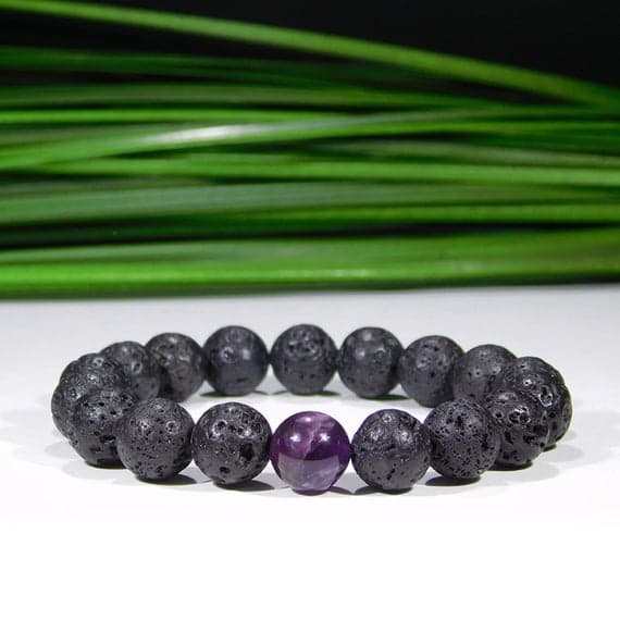 Anxiety Relief Calming 10mm Stretchable Black & Purple Amethyst and Lava  Bracelet Round, Smooth 7.5" for mens, womens, gf, bf & Adult.