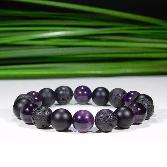 Bridesmaid Jewelry 10mm Stretchable Black & Purple Amethyst, Onyx and Lava Rock  Bracelet Round, Smooth 7.5" for mens, womens, gf, bf & Adult.
