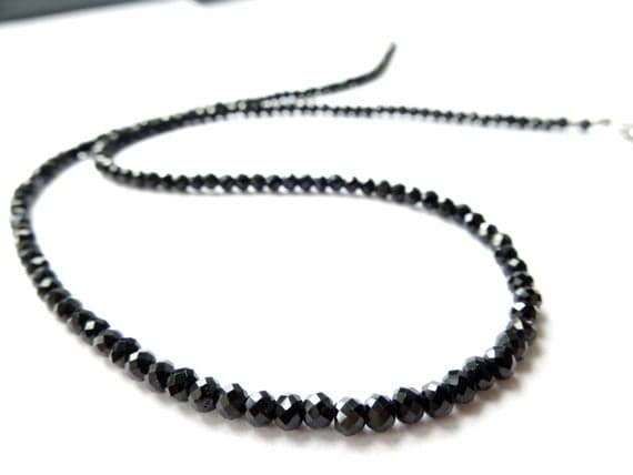 925 sterling Silver memorial gift 3.5mm stacking Black Black tourmaline Necklace Round, Faceted 17" for mens, womens.