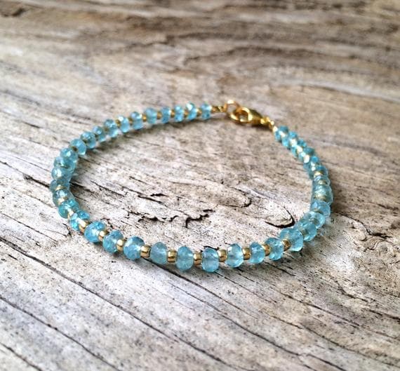 24k gold Plated Empath Protection Gold Helling 3-4mm stacking Aqua Aqua apatite Bracelet Rondelle, Faceted 7" for mens, womens, gf, bf & Adult.