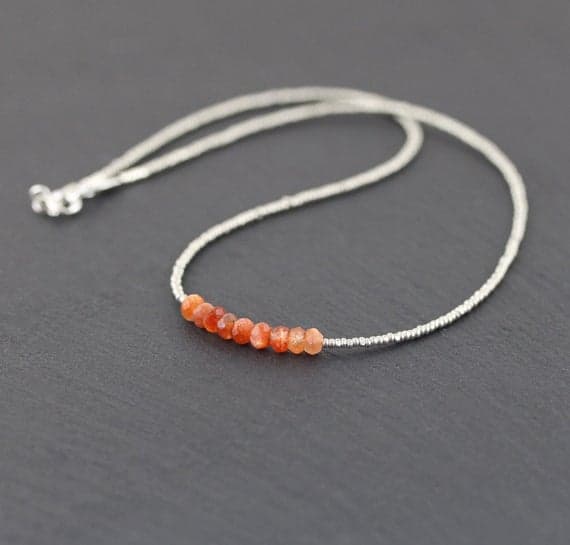 925 sterling Silver Anniversary Gift Silver Helling 4mm stacking Orange Sunstone Necklace Rondelle, Faceted 16" for mens, womens, gf, bf & Adult.