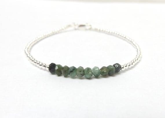 925 sterling silver Dainty Slave Loose 3mm Green Emerald stacking Bracelet Rondelle, Faceted 18cm for mens, womens, gf, bf and adults.
