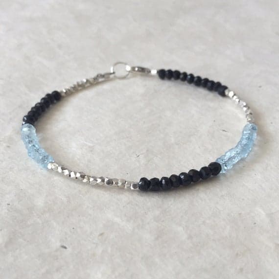 Sky Blue Topaz and Black Spinel Karen Hill Tribe Thai Silver Beaded Bracelet, Sundance Style 3-4mm Code- WAR6482
