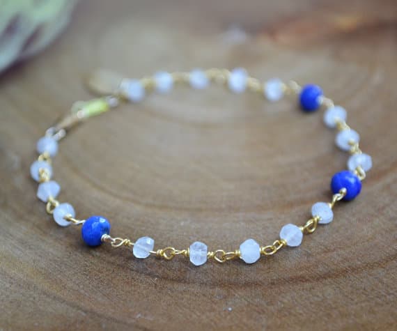 24k gold Plated love beach youth 3-6mm Stracking white & Purple rainbow moonstone and lapis lazuli Bracelet Rondelle, Faceted 7" for mens, womens, GF, BF, Adults.