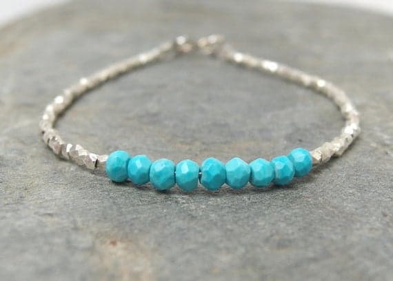 925 sterling silver Anxiety Gemstone 3mm Sky Blue Turquoise stacking Bracelet Rondelle, Faceted 18cm for mens, womens, gf, bf and adults.