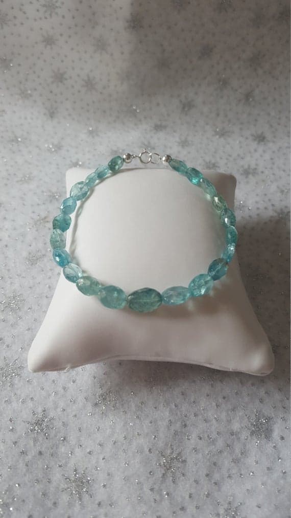 925 sterling Silver Rock Gift 7x12mm stacking Sky Blue Sky blue apatite Bracelet Oval, Faceted 7" for mens, womens, gf, bf & Adult.